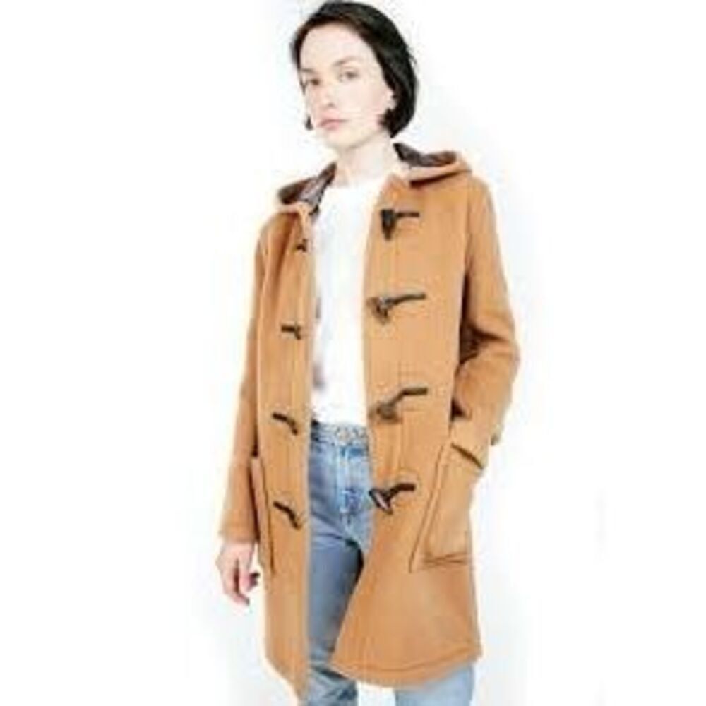 Korean Duffle Coat Tan Faux Suede Long Toggle Clasp Hooded Jacket Cozy Size S